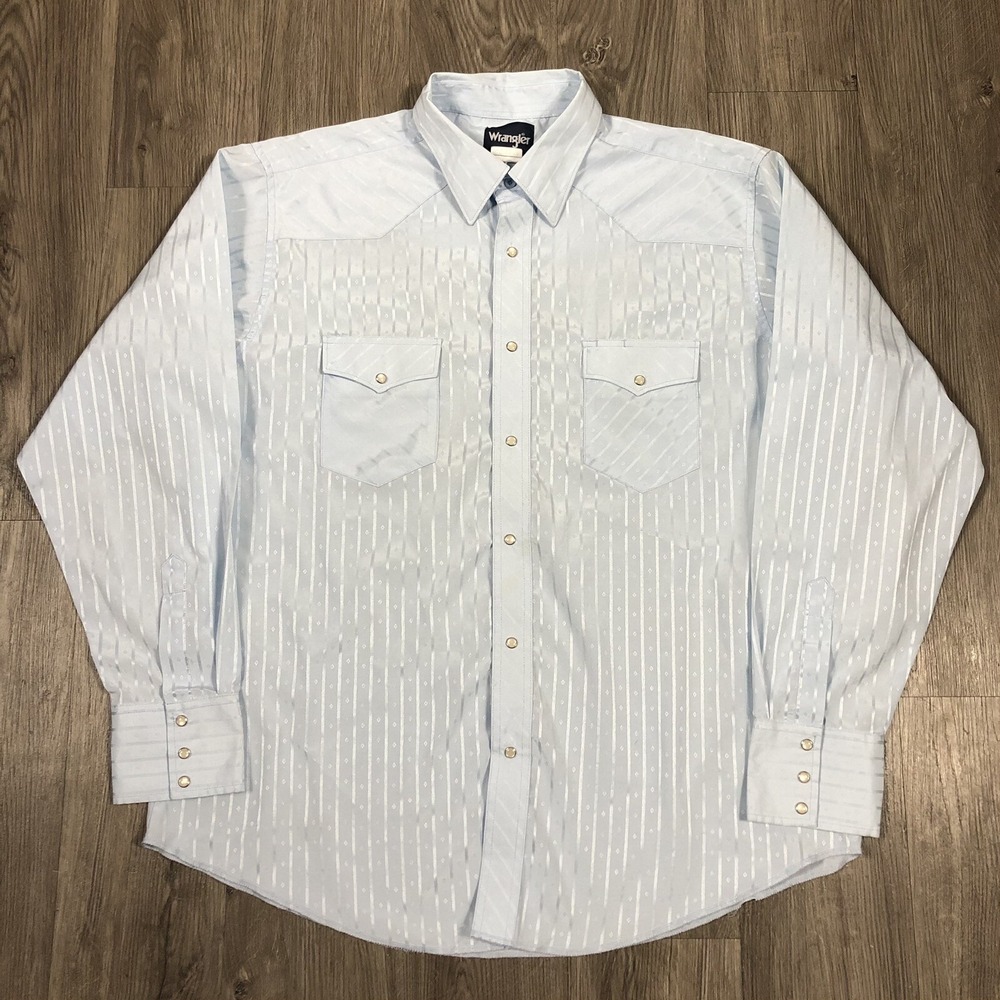 Wrangler Button Shirt Adult XL Light Blue Rodeo Western Cowboy Pearl Snap Mens